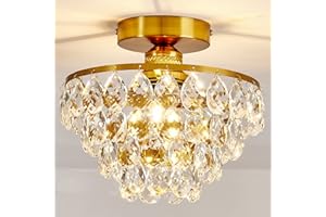 YYJLX Modern E26 Small Crystal Chandelier Semi Flush Mount Ceiling Light Fixture Gold Ceiling Lamp for Hallway Bedroom Bathroom Closet Bedroom Foyer