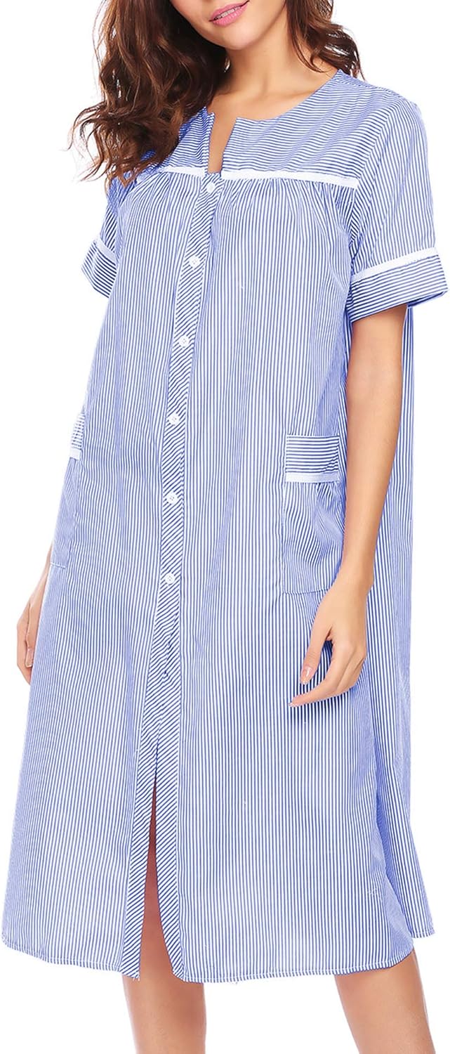 Ekouaer Women's Striped Sleepwear Button Down Duster Short Sleeve House Dress Nightgown S-XXL at  Women’s Clothing store