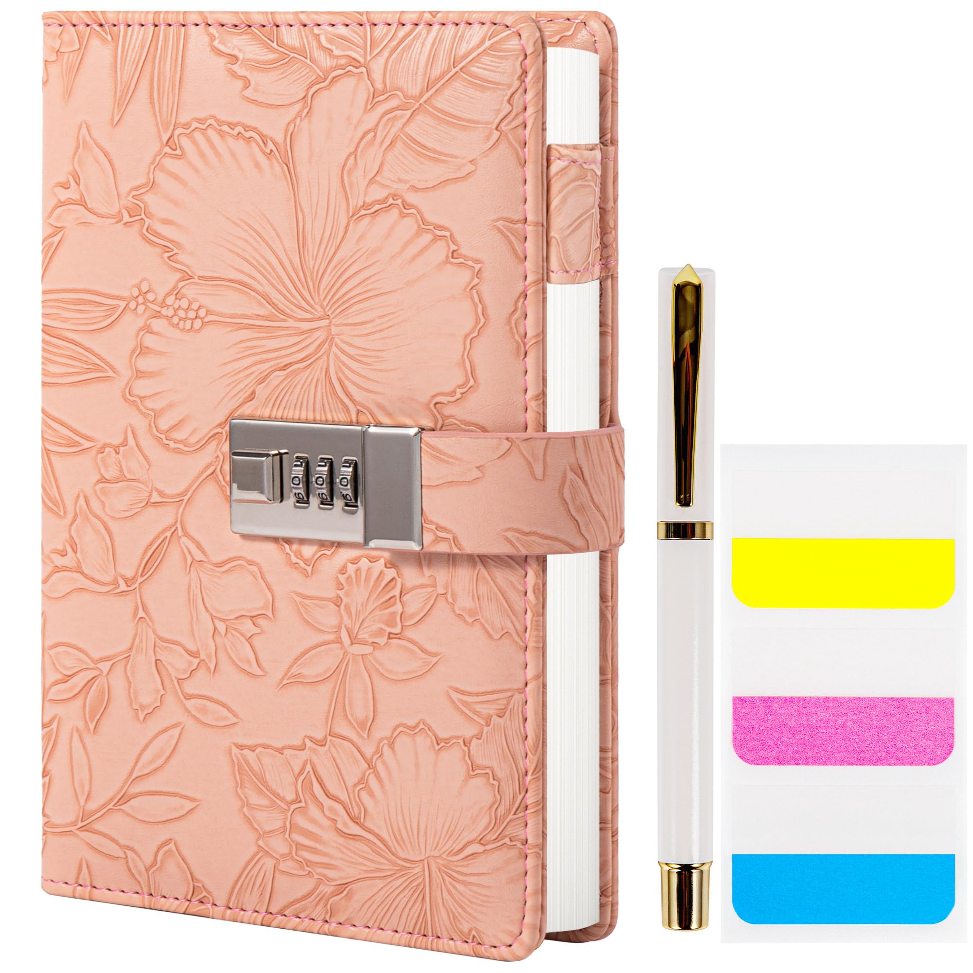 TIEFOSSI Diary with Lock for Women, 3D Embossed Journal with Lock, 224 Pages Wide lined Notebooks, PU Leather with Pen and Stickers Planner Organizer for Women & Men