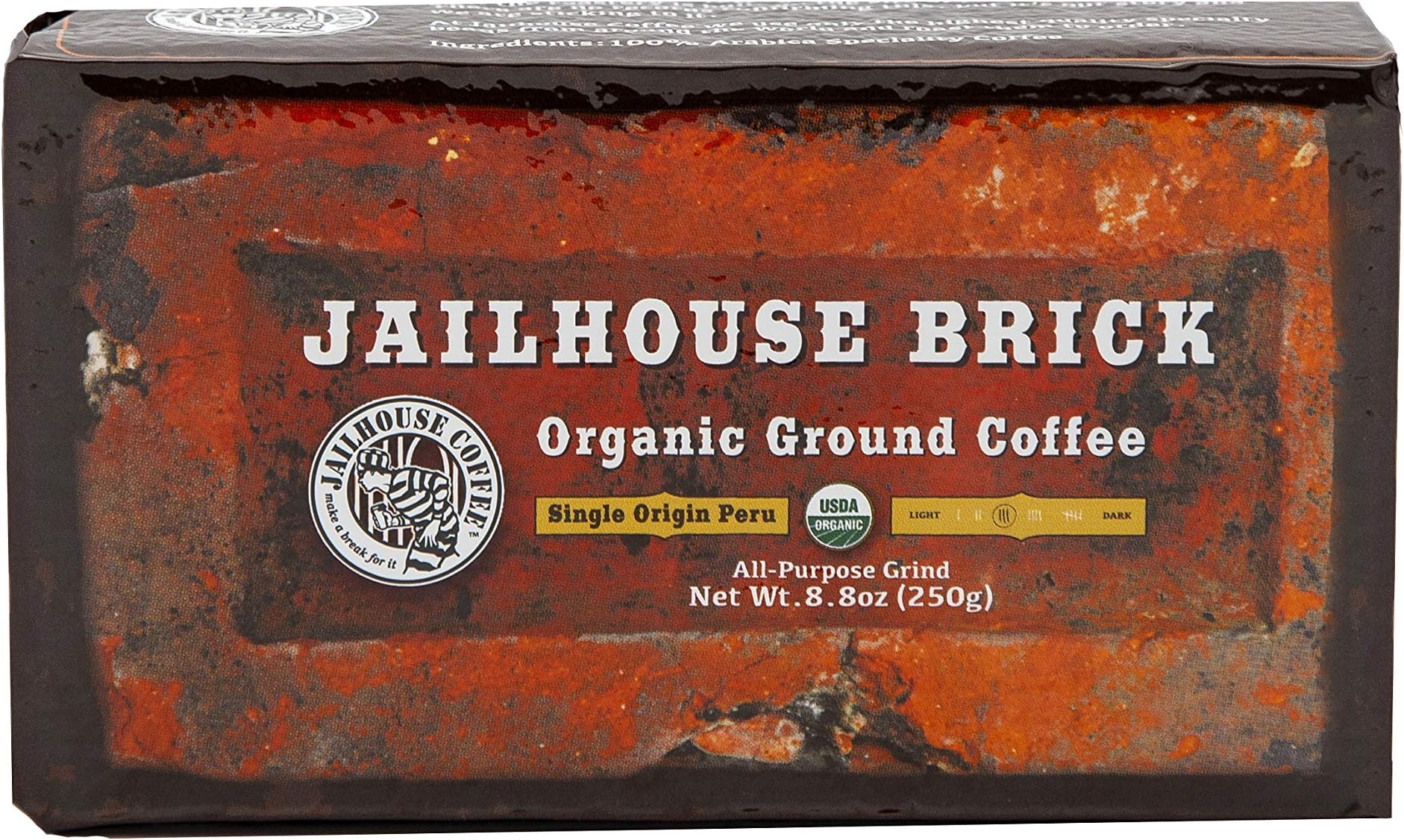 Jailhouse Organic Ground Coffee, Single Origin Peru, All Purpose Grind, 8.8 oz Vacuum Bag/Brick, Medium Roast