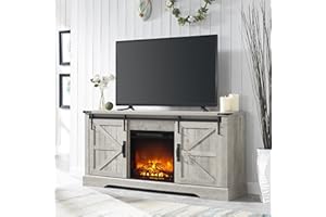 OKD Farmhouse Electric TV Stand for 65+ Inch TV, Rustic Entertainment Center with 18" Fireplace, Sliding Barn Door, Storage Shelves, Wood Media Console Cabinet for Living Room, Light Rustic Oak