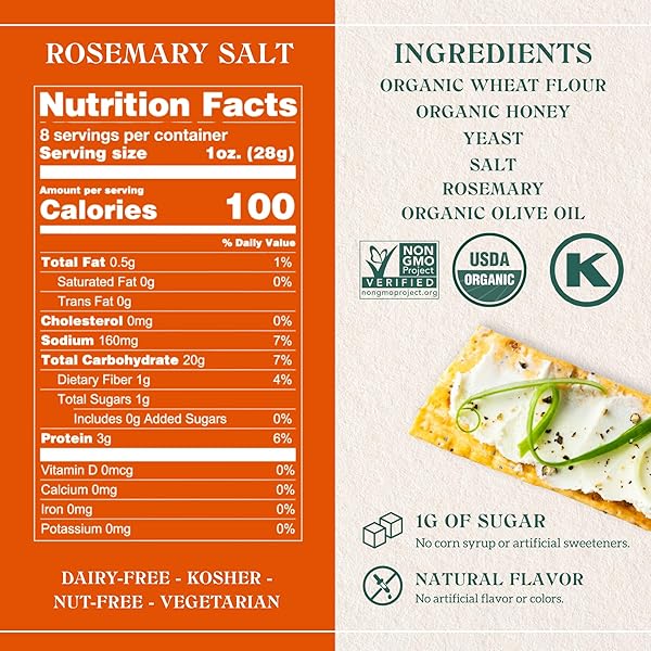 FIREHOOK ROSEMARY SEA SALT CRACKERS – ARTISAN BAKED, CRAVEABLY CRUNCHY, INFUSED WITH DELICATE ROSEMARY & FLAKY SEA SALT – ORGANIC, NON-GMO, KOSHER – 8 OZ BOX