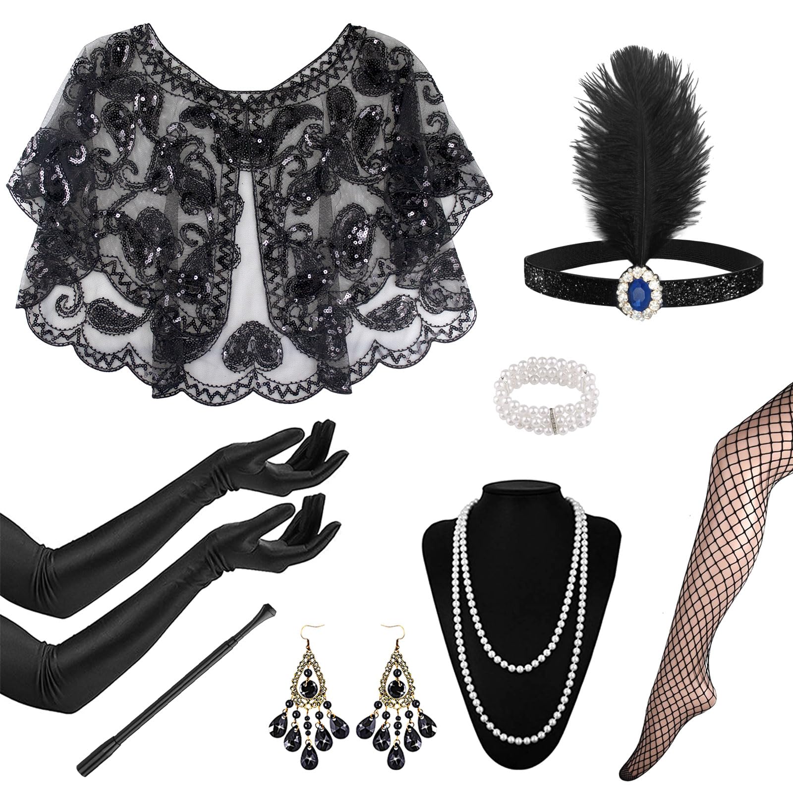 1920s Flapper Great Gatsby Accessories Set,Roaring 20's Theme Set with Shawl Headband Long Gloves Necklace Earrings Handheld Prop,1920s Flapper Costume Vintage Accessories for Women Ladies (Style 4) — image 1