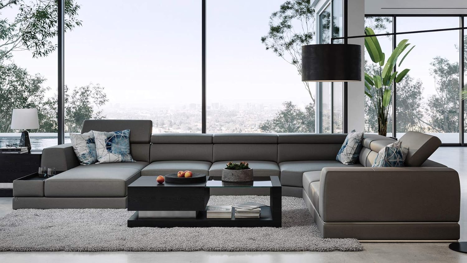 Zuri Furniture Modern Wynn Slate Leather Sectional Sofa