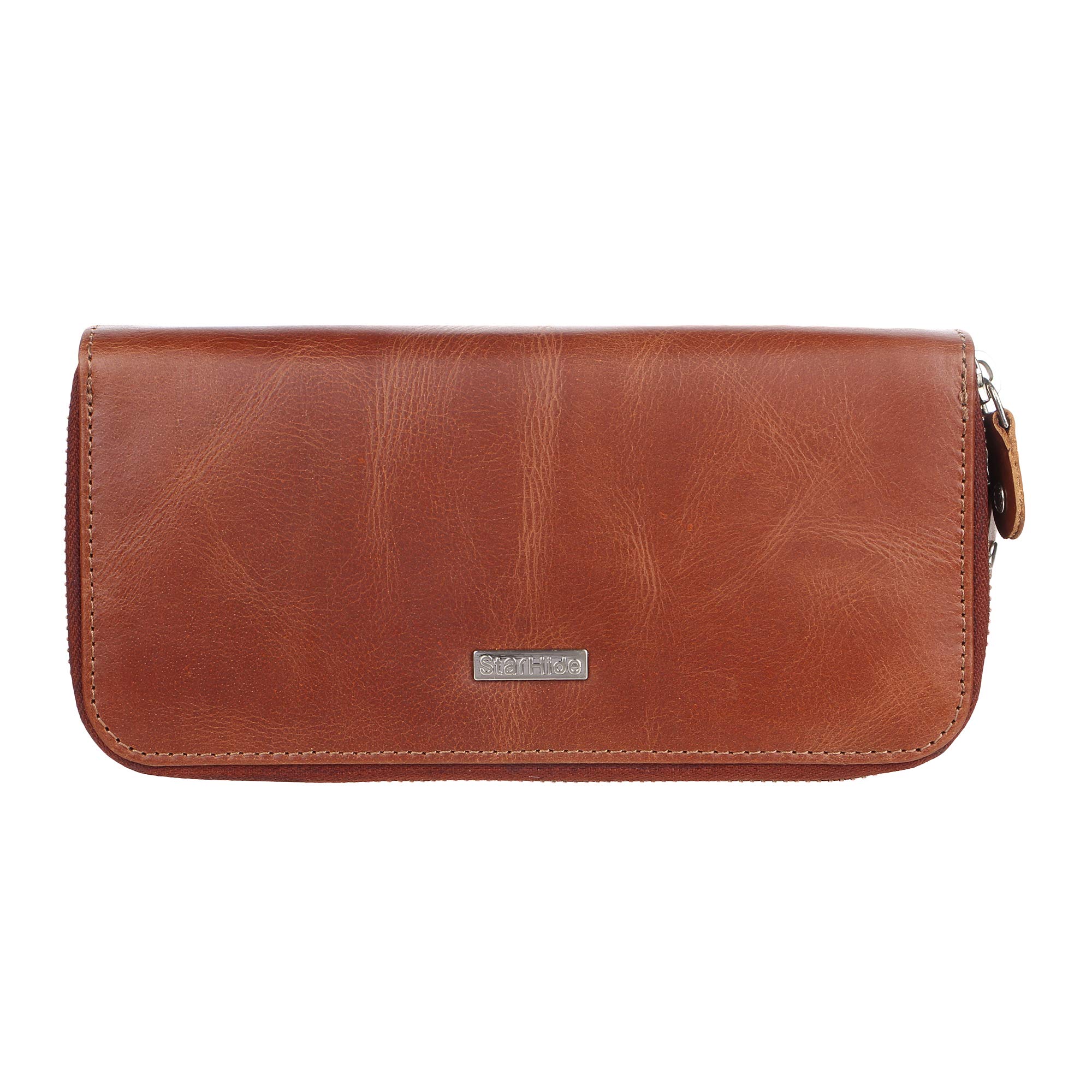 STARHIDE Genuine Distressed Leather Women's Wallets Multifunction Bifold Full Zip Arround Clutch Purse with RFID Blocking Large Storage Capacity Card and Phone Holder 5605 (Tan)