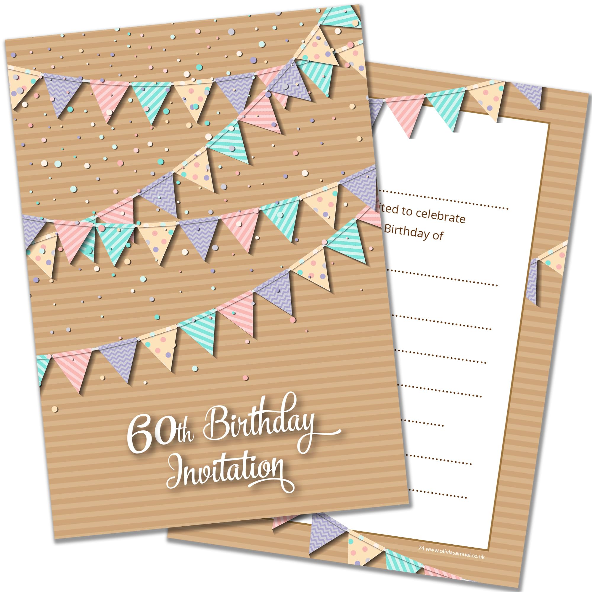 Olivia Samuel 20 x 60th Birthday Party Invitations - Pastel Bunting Design - Postcard Style - Ready to Write
