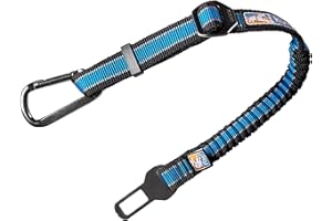 Kurgo Direct to Seatbelt Bungee Tether - Easy-Use Dog Car Harness Clip - Adjustable Ride Strap - Universal Fit for Most Vehicles - All Steel Hardware - Backseat Restraint - Blue