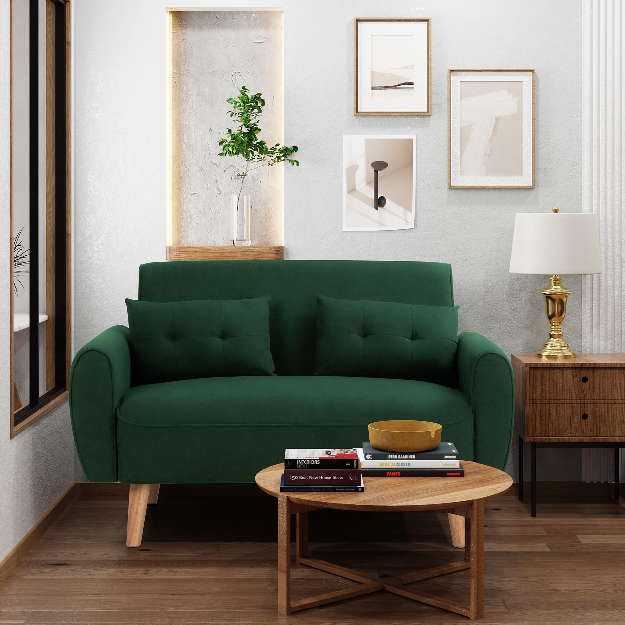 Photo 1 of (MISSING A FOOT) Shintenchi Small Modern Loveseat Couch Sofa, Mid Century Fabric Upholstered 2-Seat Sofa Couch Love Seats Furniture for Small Space,Living Room,Studio,Apartment with 2 Pillows,Green