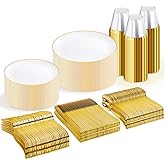 WDF 300PCS White and Gold Plates - Wedding Plastic Dinnerware Set for 50 Guests Include 50 Dinner & 50 Cake Plates, 50 Cutlery, 50 Cups for Wedding Birthday Valentine's Day