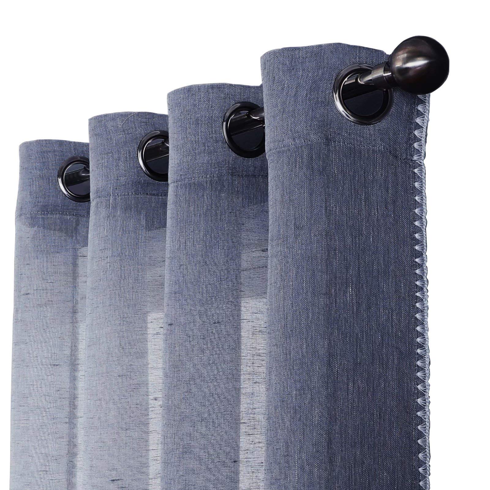 MISS SELECTEX Natural Linen Sheer Curtains - Bordered Semi-Sheer Drapes Textured Grommet Top Voile Window Curtains for Bedroom and Living Room, Denim Blue, 52x72 inches Long, Set of 2 Panels