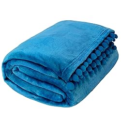 PAVILIA Teal Blue Throw Blanket Pom Pom for