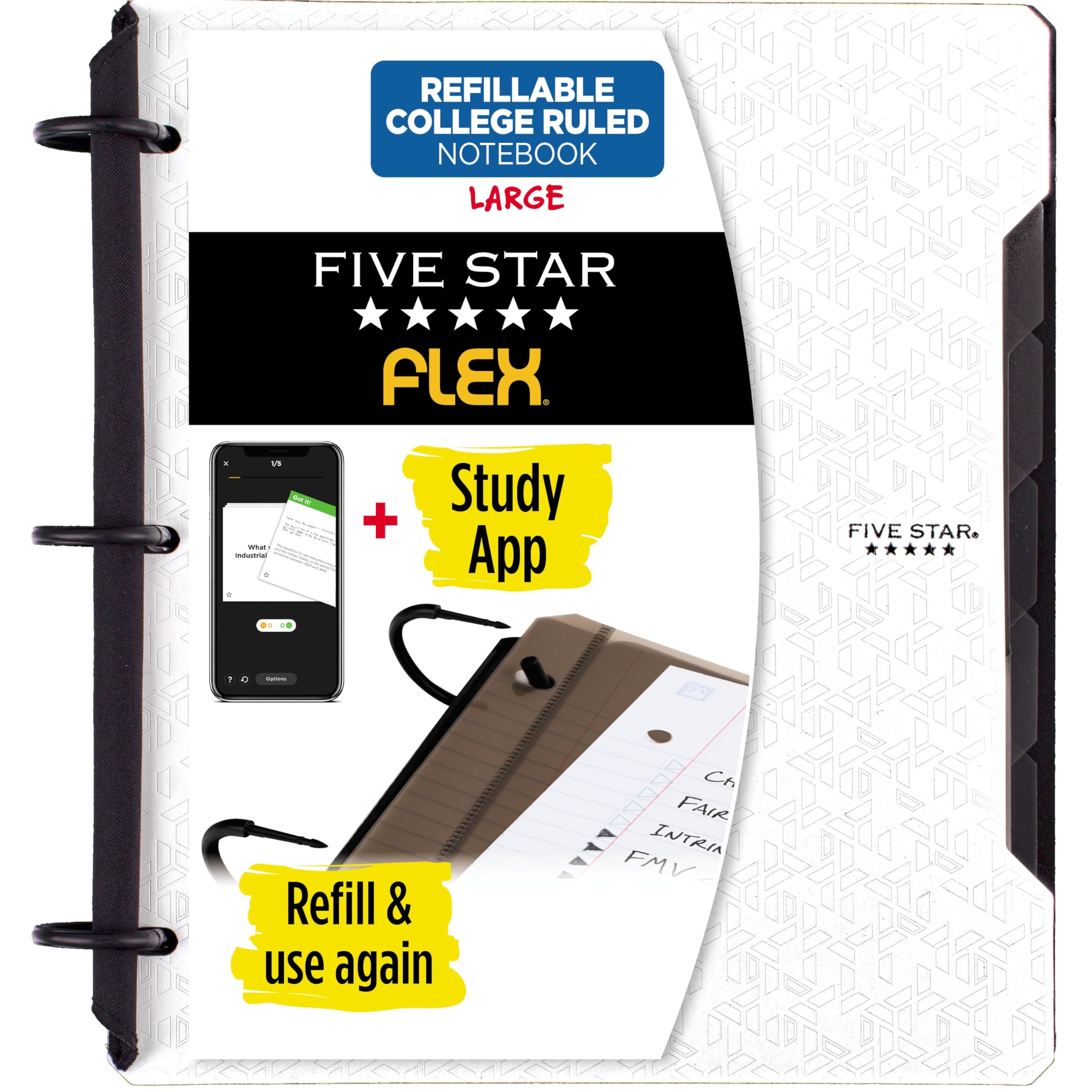 Photo 1 of Five Star Flex Refillable Notebook + Study App, College Ruled Paper and 1 Inch TechLock Ring Binder with Pockets, Tabs and Dividers, 200 Sheet Capacity, White (29328AE2)