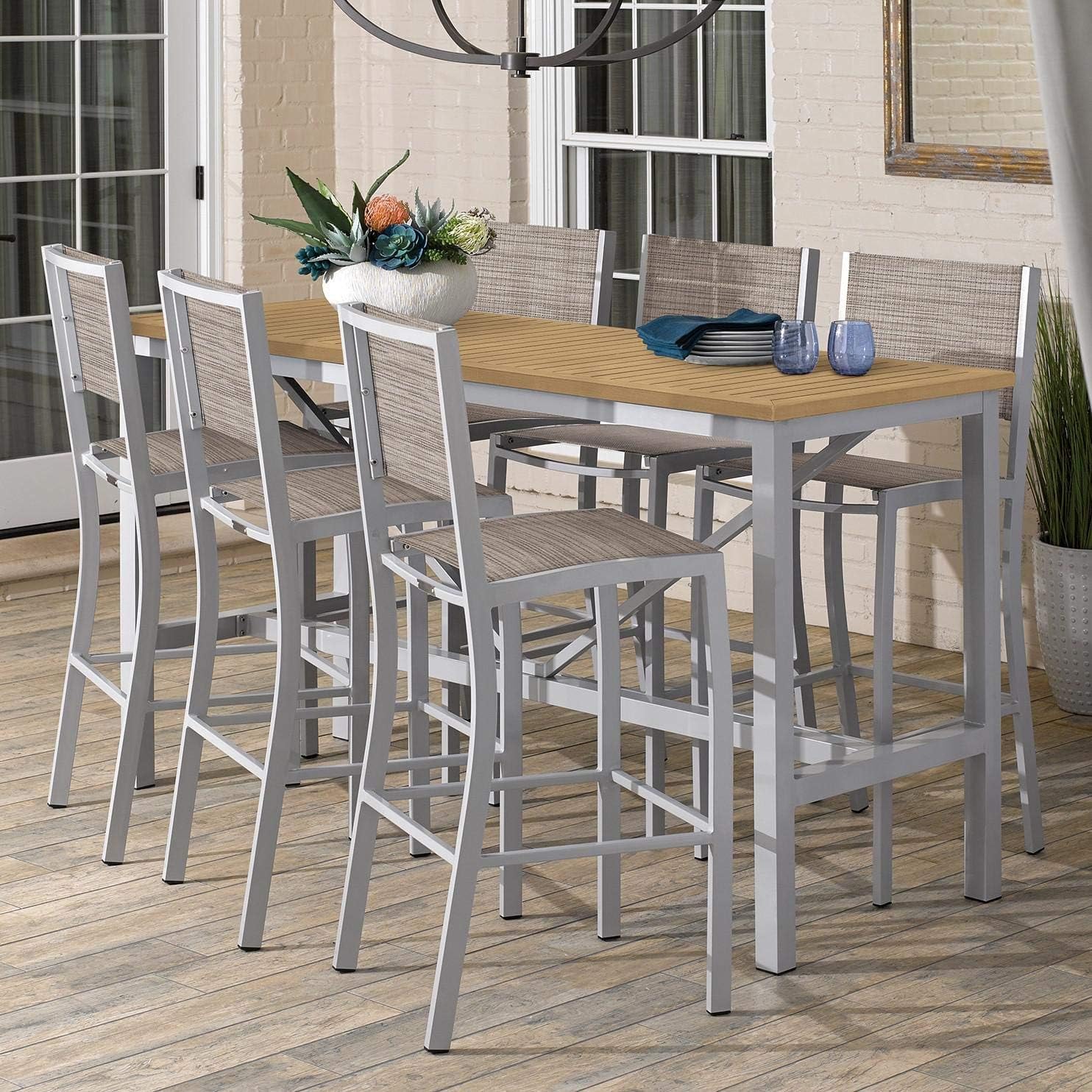 Oxford Garden Travira 7 Piece Aluminum Patio Bar Set W/ 72 X 30 Inch Rectangular Tekwood Natural Table Bellows Sling: Garden & Outdoor