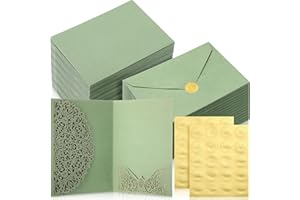 PerKoop 100 Set 5 x 7 Laser Cut Wedding Invitation with Envelopes and Wax Seal Stickers Blank Pocket Invitation Cards Kit for Wedding Bridal Shower Engagement Invite(Sage Green)
