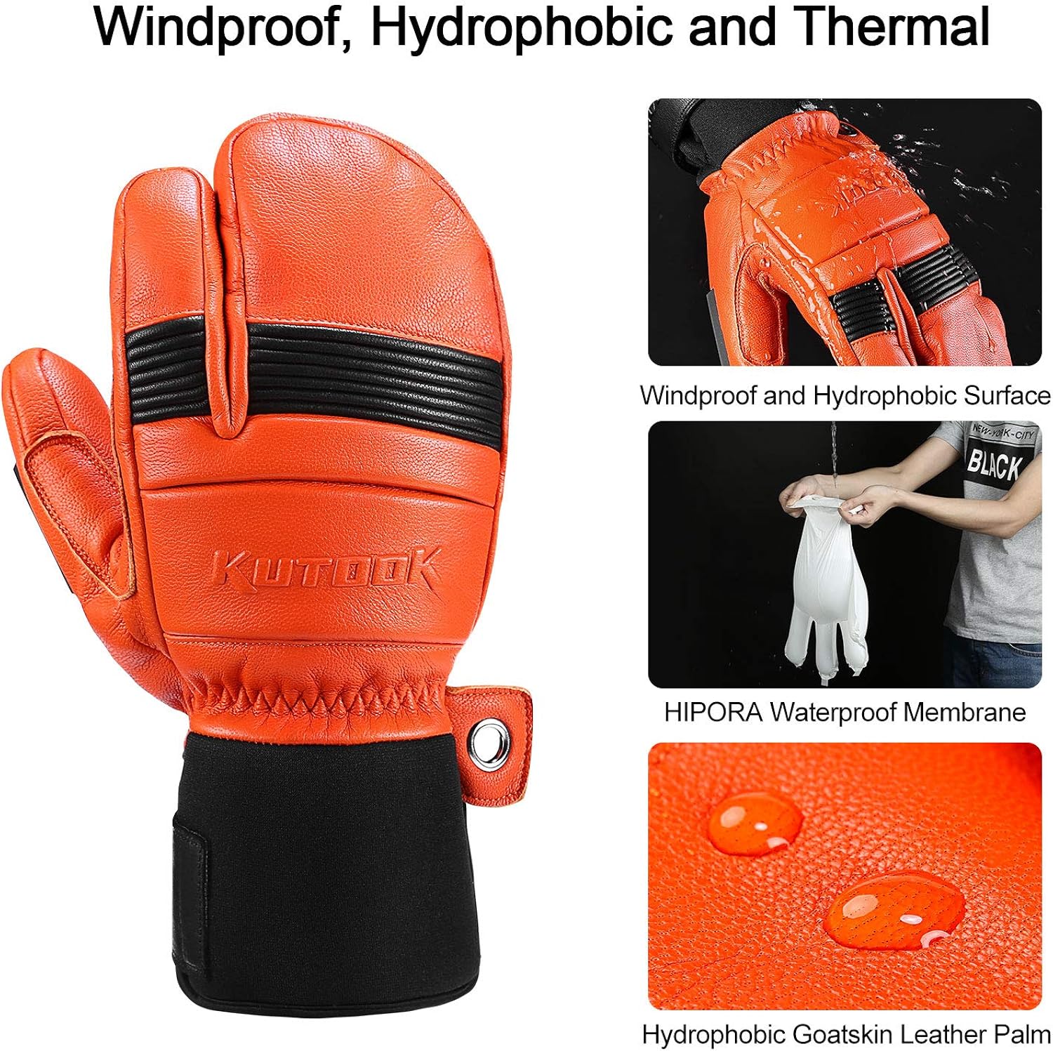 KUTOOK Ski Mittens with HIPORA Waterproof Membrane Goat Leather Gloves for Skiing Outdoor: Clothing