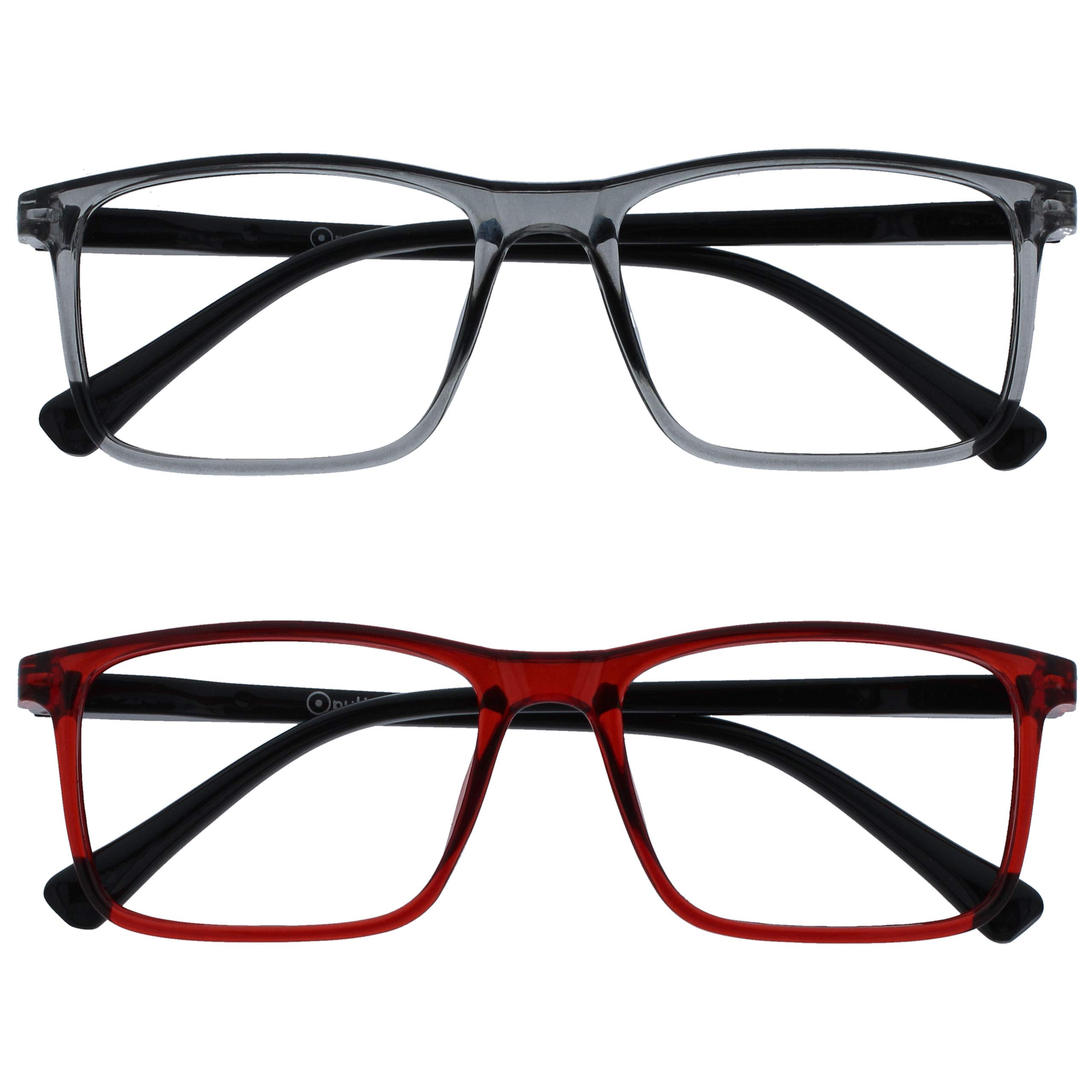 OPULIZE INK Reading Glasses - Value 2 Pack - Large Rectangular Frame - Spring Hinges - Scratch Resistant - Grey Red - Mens Womens +1.00 — image 1