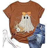 Halloween Shirts for Women Halloween Ghost T-Shirt Bow Ghost Graphic Tees Casual Spooky Season Tee Tops