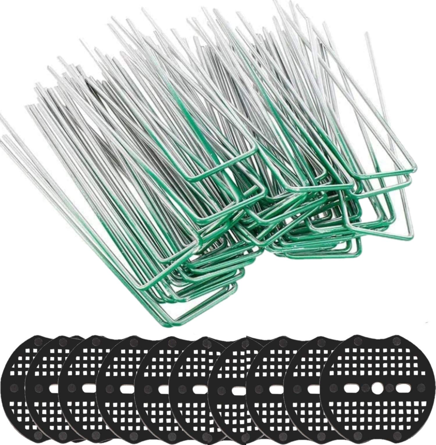 KAHEIGN 50Pcs Garden Peg Set, 15CM U-shaped Rust Resistant Steel Lawn Staples Ground Securing Pegs with Buffer Washer for Securing Fabric Membrane Groundsheets Polythene Sheeting (Green)