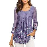 VALOLIA Women's 3/4 Sleeve Tunic Tops Casual Loose Fit Floral Blouses Mesh Pleated Layered Shirt