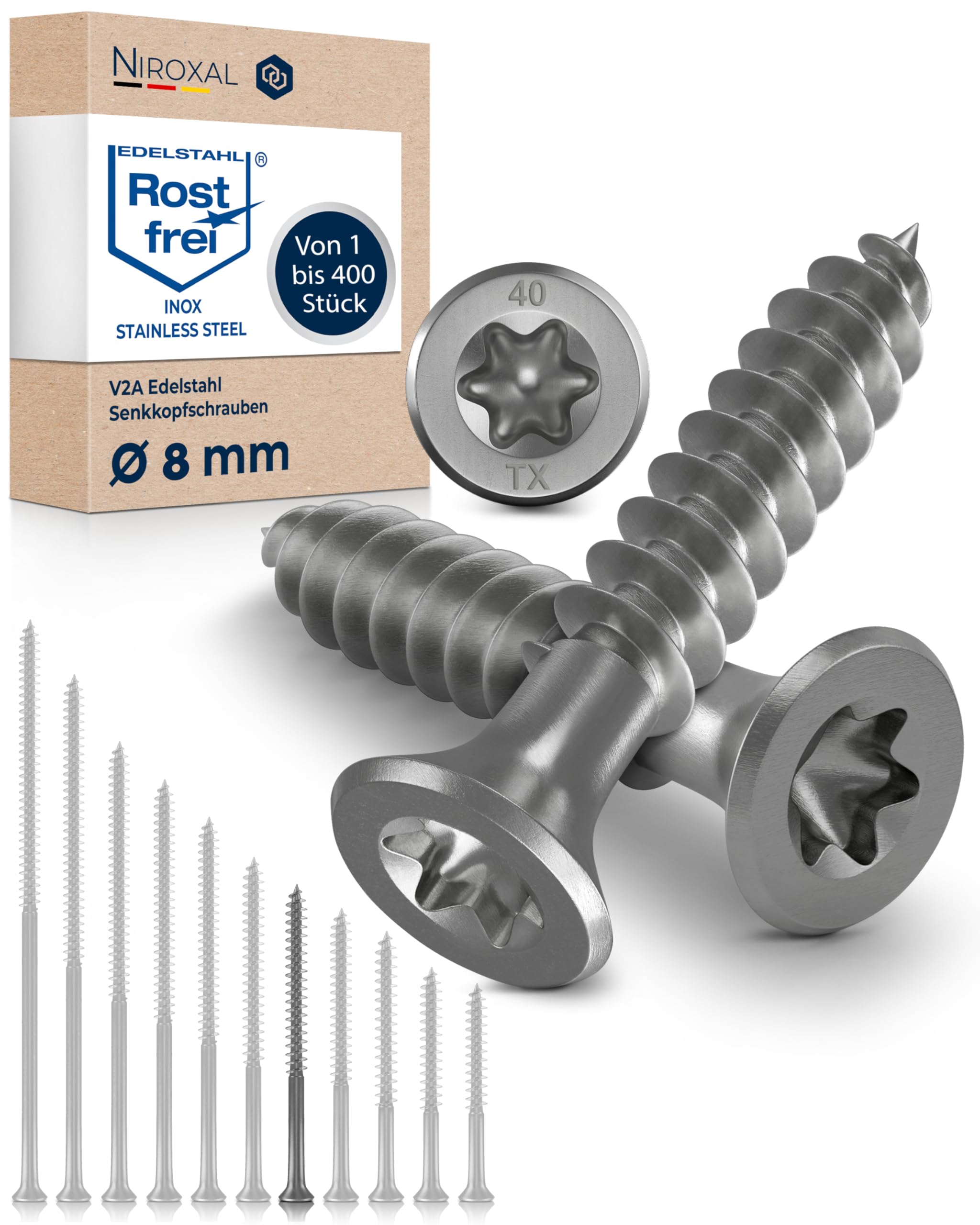 Wood Screws 8 x 100 mm Stainless Steel 304 TORX Countersunk Head Chipboard Screws Timber Screws Partial Thread A2 25 Pack
