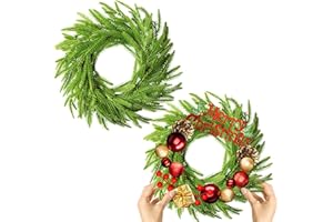 GOSODENY 2 Pcs Christmas DIY Green Wreath 10 Inch Artificial DIY Faux Plain Wreaths Front Door Green Farmhouse Cabinets Indoor Outdoor Wall Decor(Norfolk Pine)