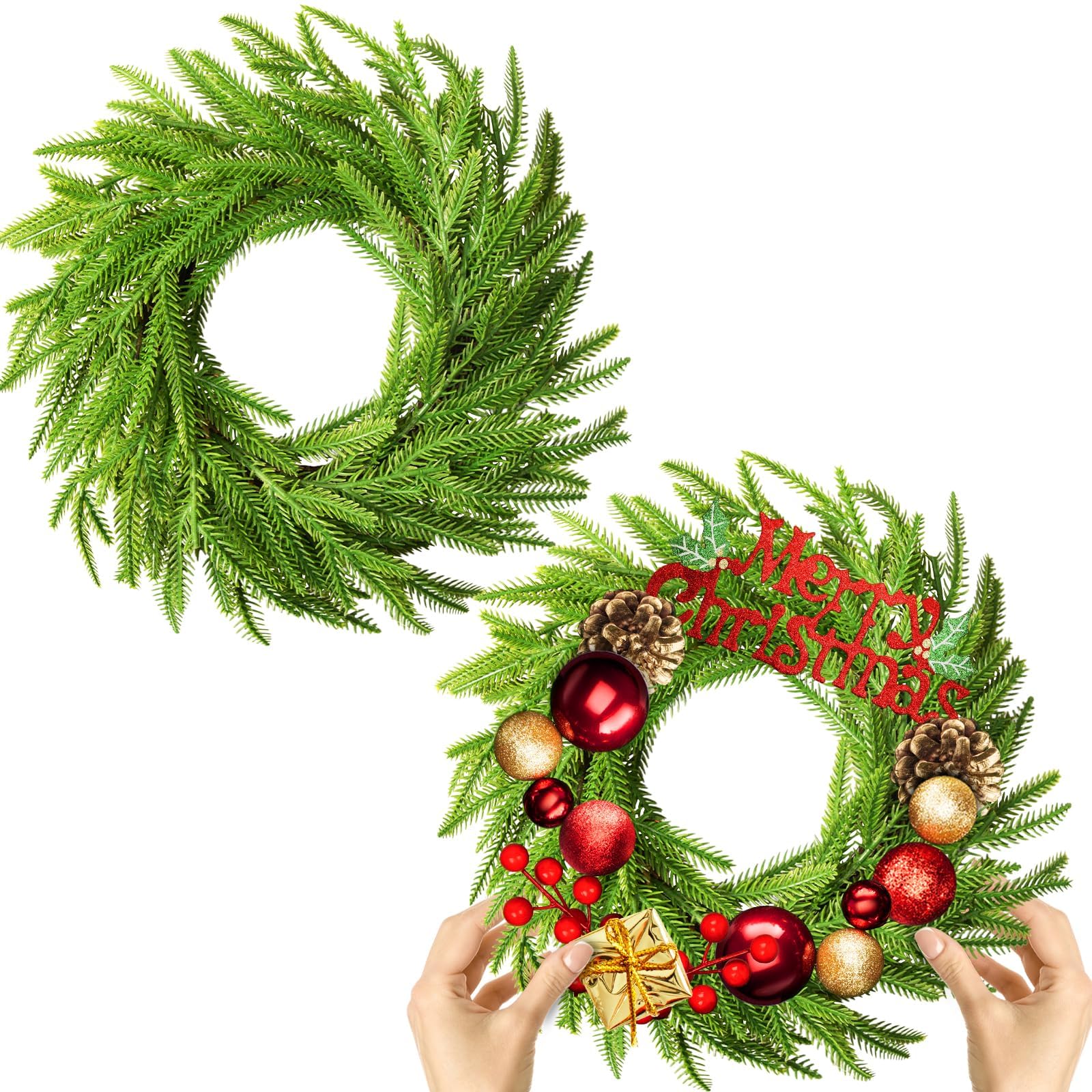 Photo 1 of 2 Pcs Christmas DIY Green Wreath 10 Inch Artificial DIY Faux Plain Wreaths Front Door Green Farmhouse Cabinets Indoor Outdoor Wall Decor(Norfolk Pine)