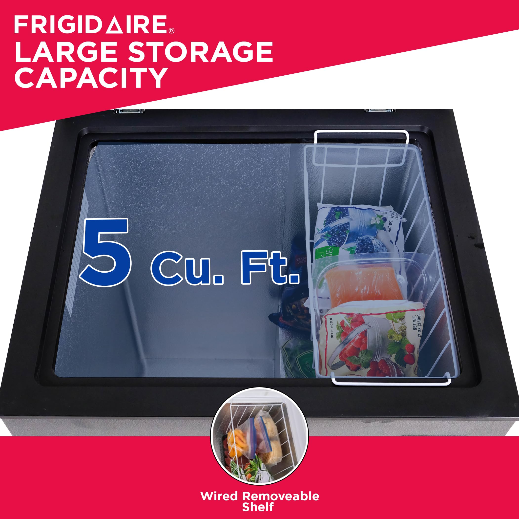 Frigidaire Chest Deep Freezer, 5 Cu. Ft. Capacity, Granita Rugged Design-Adjustable Thermostat-Removable Vinyl Coated Wire Basket-Easy Defrost Drain