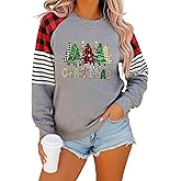 Merry Christmas Shirts for Women Buffalo Plaid Christmas Sweatshirts Retro Xmas Tree Long Sleeve Tops