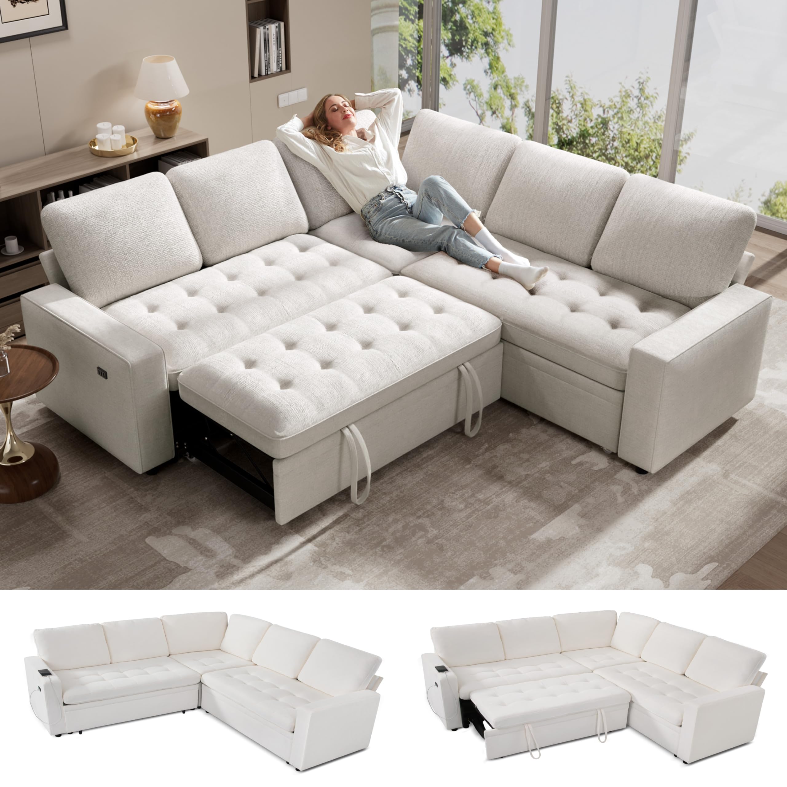 Photo 1 of **WITH 3 Boxes, please see the second photos**WEUP Sectional Sleeper Sofa Bed with Pull Out Bed, Adjustable Backrest, USB Ports & Storage Seat, 5 Seat Convertible L Shaped Sectional Couches for Living Room, Tool-Free Assembly, Chenille Beige