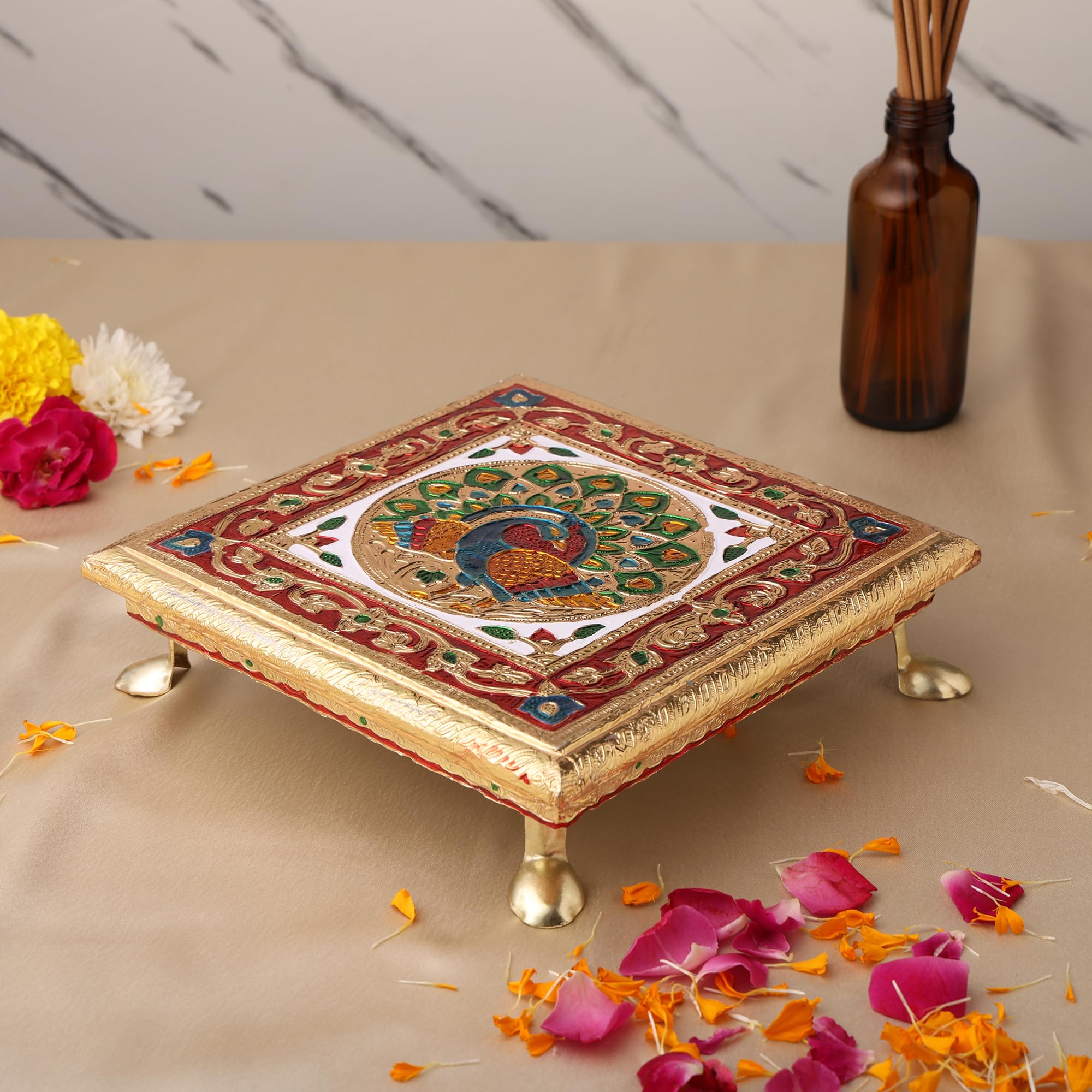 Purpledip Small Wooden Stand Stool Chowki with Exquisite Meenakari Painting for Placing Statues, Idols, 7.5x7.5 inch (10453)