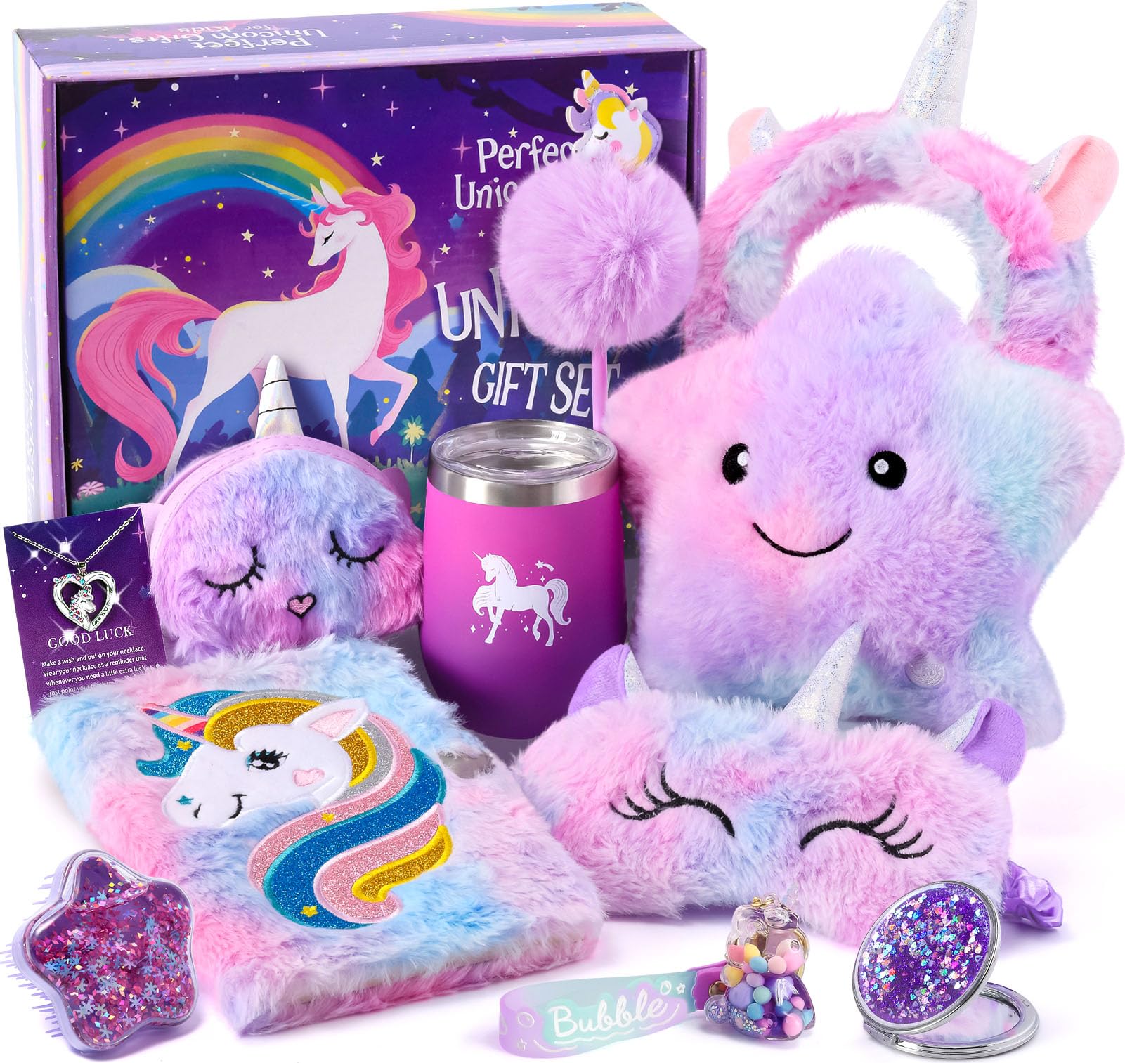 Unicorn Gifts for Girls Age 5 6 7 8 9 10 Soft Secret Diary Light Up Plush Toys Star Pillow Headband Eye Mask Water Bottle Necklace Unicorn Toys Birthday Presents Gifts Girl Kids 3-12 Year Old