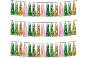 HYSILLA 3P Sage-Green Pink-Gold Foil Fringe Metallic Tassel Garland, Tassels Banner Streamers for Parade Floats, Bachelorette, Wedding, Birthday, Halloween, Christmas, Bridal/Baby Shower Party Decorations