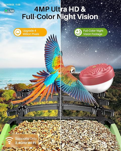 OPOWO BIRD FEEDER WITH CAMERA, 2K HD AI IDENTIFY SMART BIRD HOUSE CAMERA WITH SOLAR POWERED, LIVE VIEW, INSTANT ARRIVAL ALERTS, AUTO CAPTURE VIDEO FOR OUTSIDE, SUPPORTS 2.4GHZ WI-FI ONLY, BRIGHT GREEN