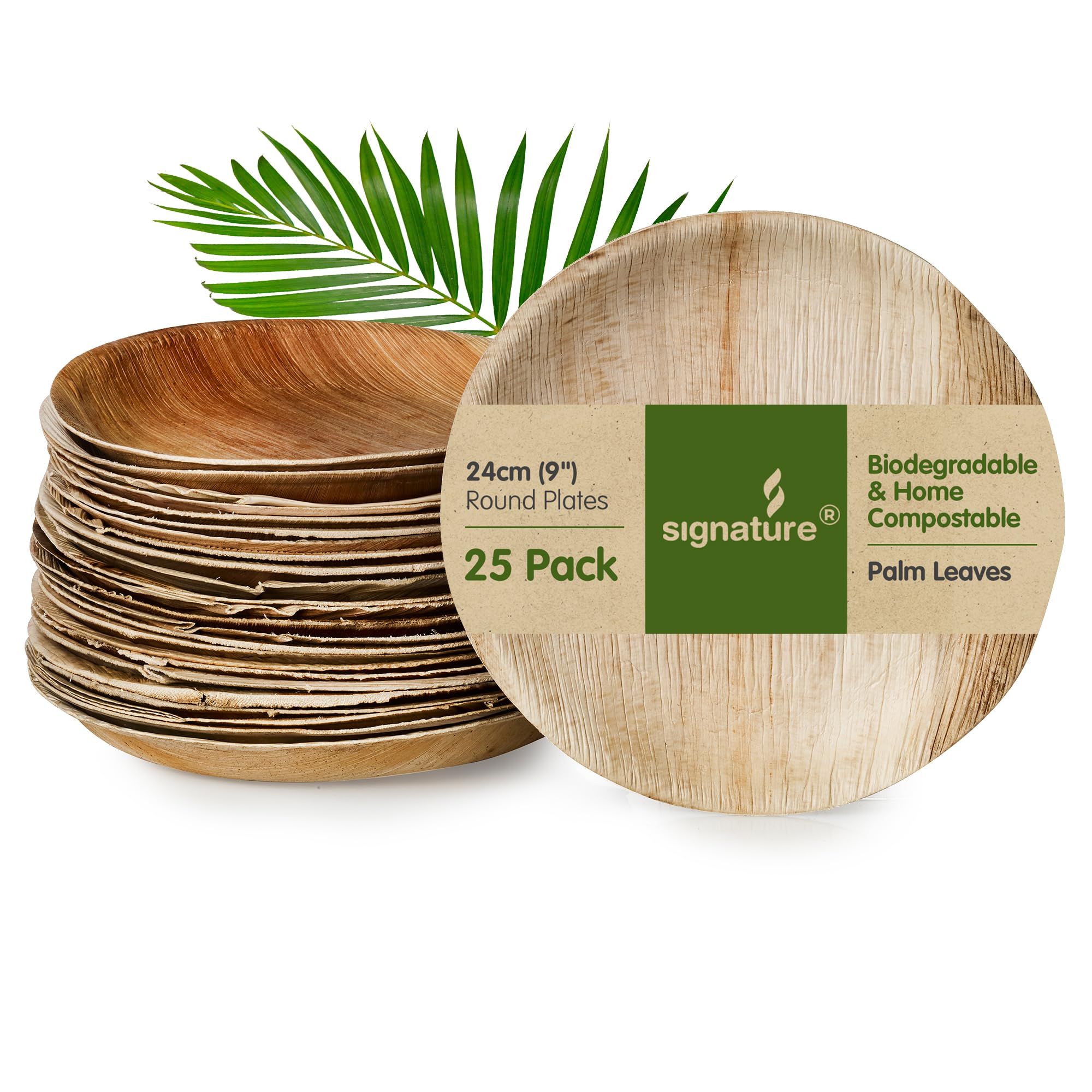 Signature Packaging Disposable Palm Leaf Plates, Sturdy Eco-Friendly Biodegradable Compostable Plates for Hot Food, Weddings, Picnics, Parties and Outdoor Events - 9", (25 Pack) Round