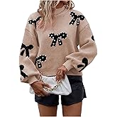 Verdusa Women's Faux Pearl Bow Sweater Mock Neck Tops Cozy Fall Knit Pullovers
