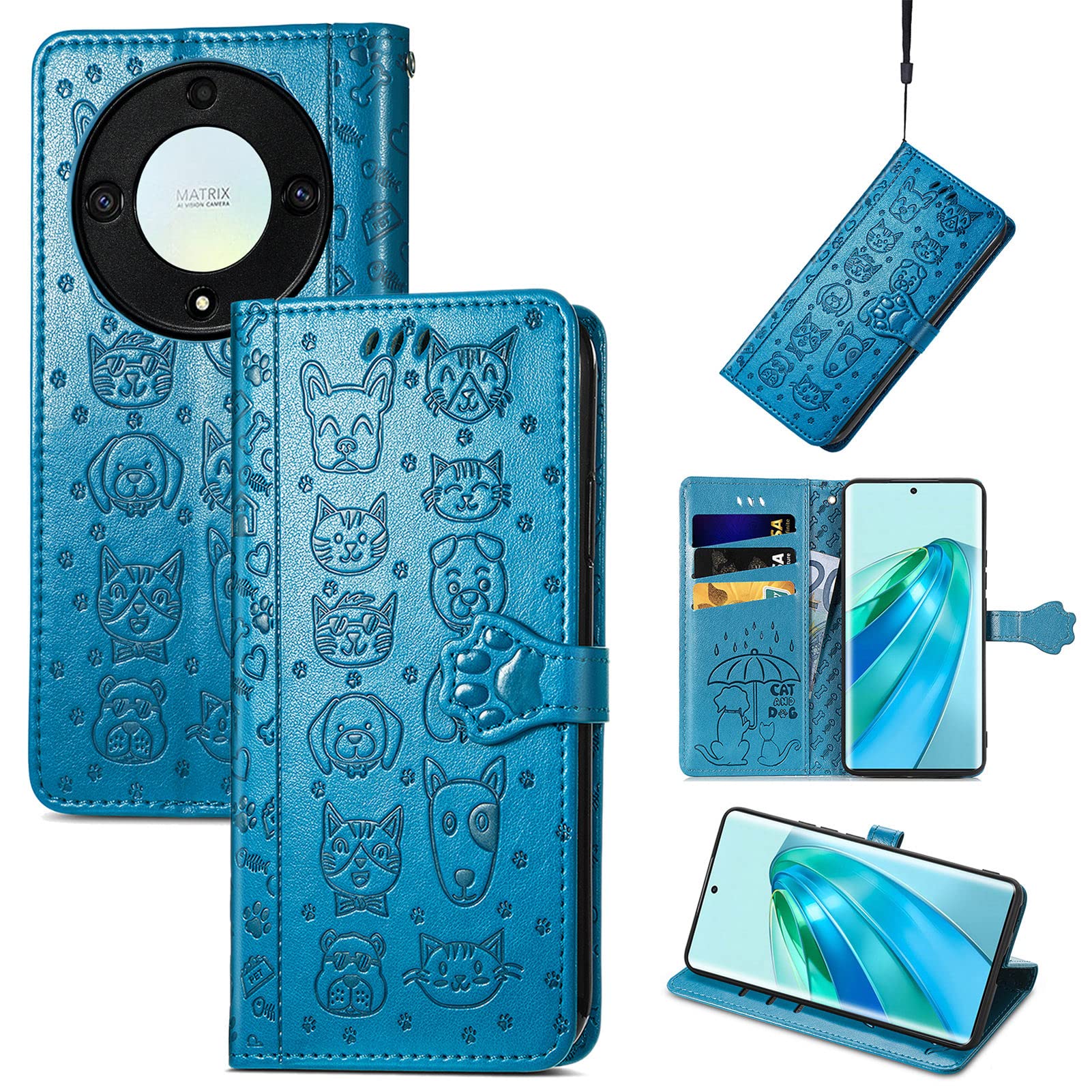 JIUNINE Case for Honor Magic 5 Lite 5G, Premium Leather Wallet Flip Case Shockproof Cover with Cartoon Pattern [Card Holder] [Magnetic Closure] [TPU Inner Shell] for Honor Magic 5 Lite 5G, Blue