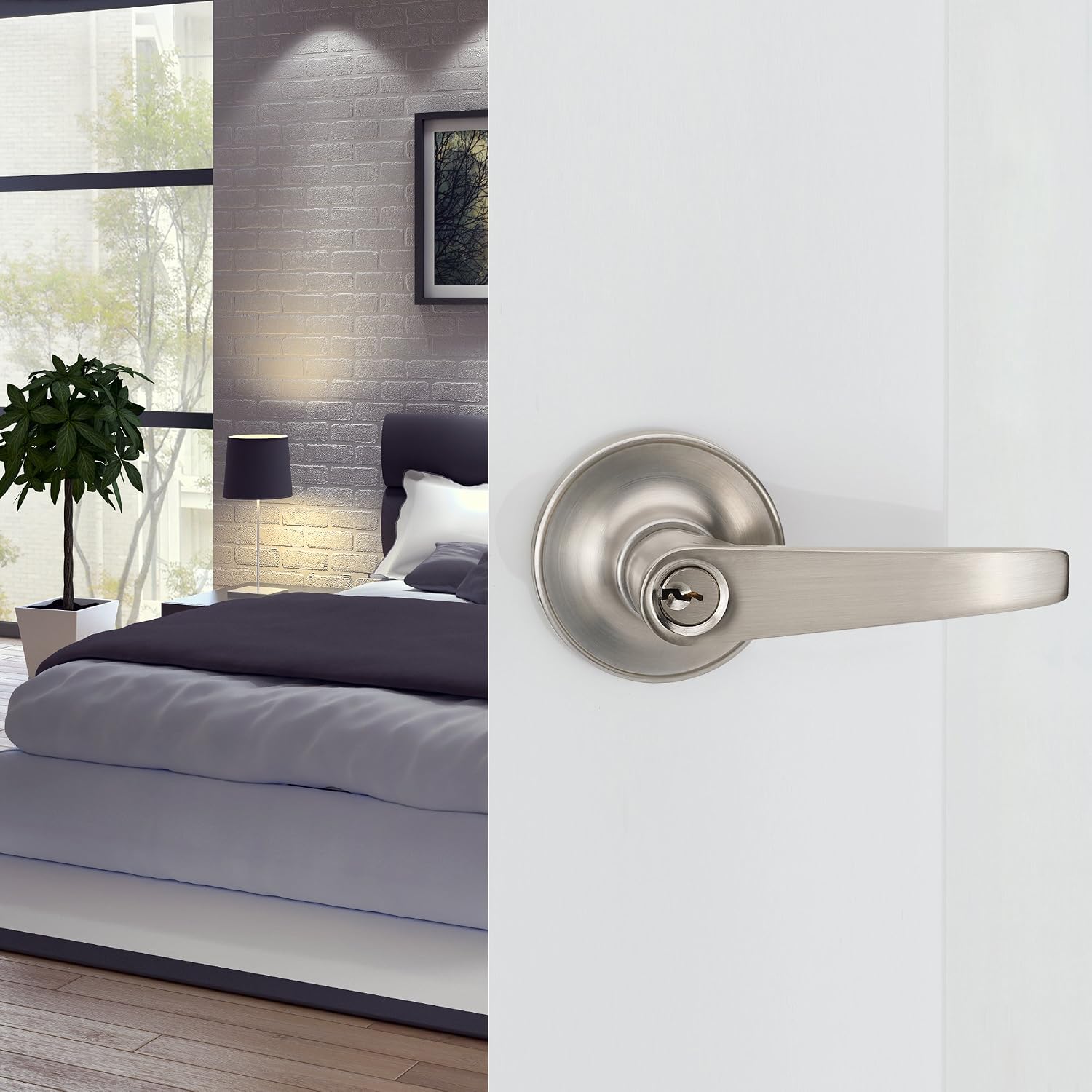 1 Pack of HAIFUAN Door Lever Handle Lockset, Doob Knob for Use of Entry Nickel Brushed Color, Come with 3 Keys(802-K) - Image 4