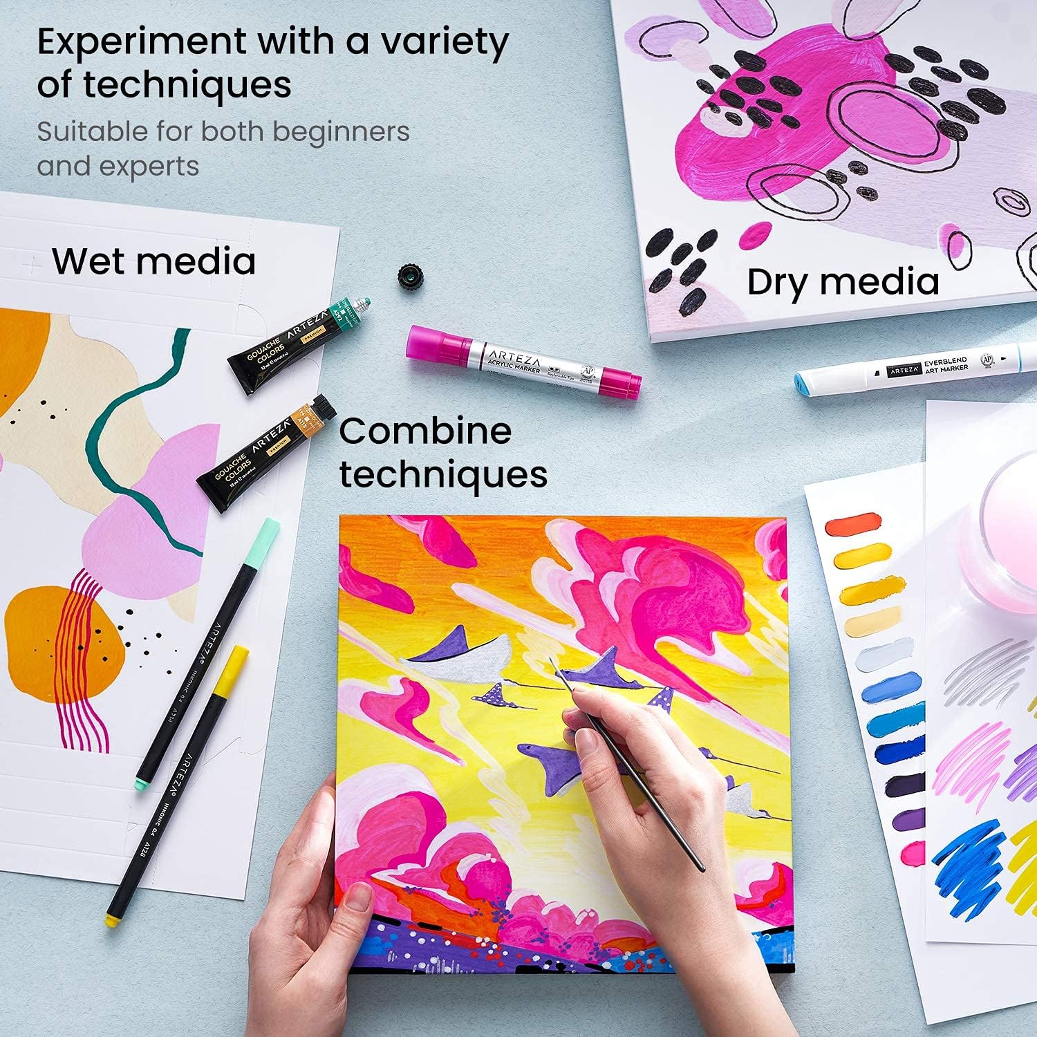 Arteza Watercolor Paper Canvas Pad Folded Size 7x8.6 Inches 10 Sheets and Mixed Media Paper Canvas Pad, 9.5x9.5 Inches 20 Sheets Bundle, Painting Art Supplies for Artist, Hobby Painters & Beginners