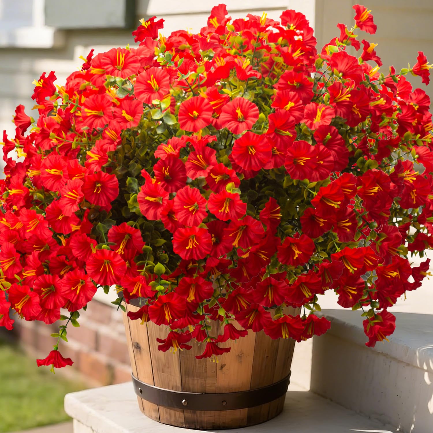 Grunyia 16PCS UV Resistant Artificial Morning Glory Flowers with Eucalyptus - Red Faux Silk Plastic Fake Plants for Outdoor Indoor Garden Porch Planter Window Box Wedding Home Decor