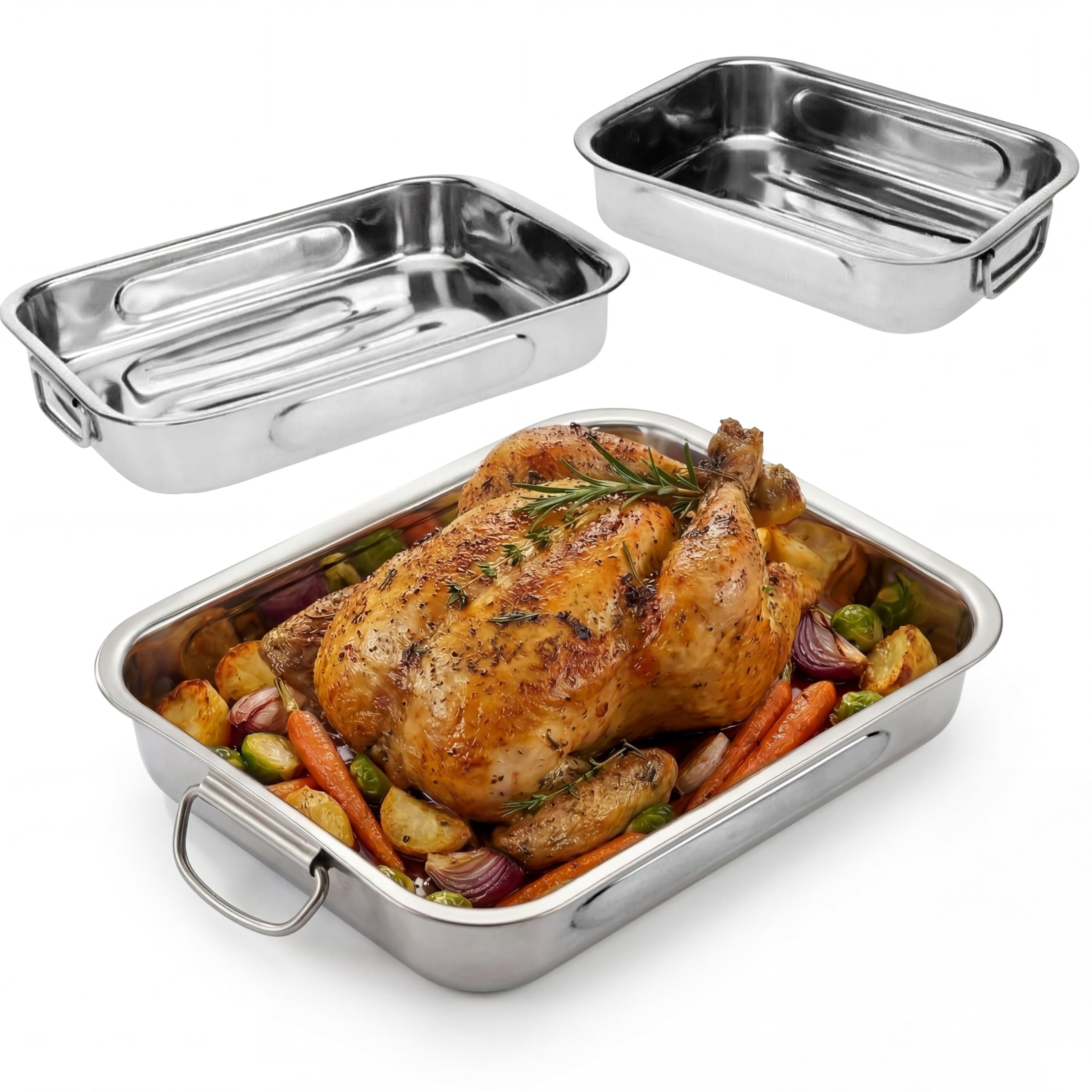 GEEZY Set of 3 Stainless Steel Roasting Tins (27, 31 & 36cm) - Large Rectangular Oven Roasting Tray with Movable Handles - Deep Nesting Baking Dish for Cooking Meat, Lasagne & Turkey