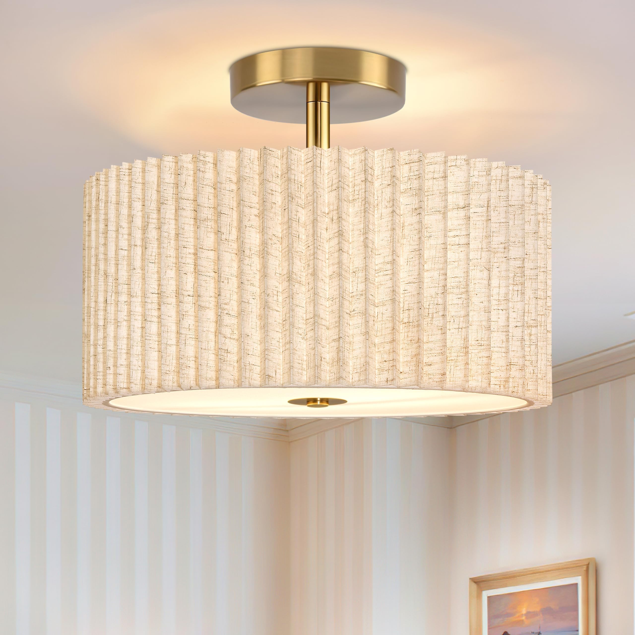 Photo 1 of 2 Light Semi Flush Mount Ceiling Light Fixture 12.6 Inch Modern Gold Drum Ceiling Light Fixture with Pleated Fabric Shade Dimmable Close to Ceiling Light for Living Room Hallway Bedroom Entryway