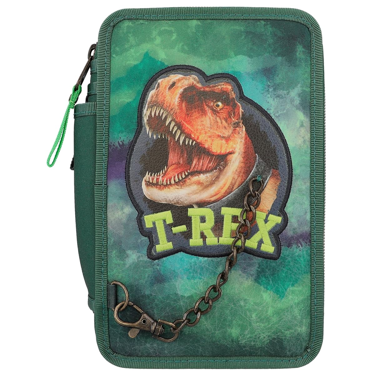Depesche 12506 Dino World Filled 3-Compartment Pencil Case in Dinosaur Design with Chain, Pencil Case with Colouring Pencils, Ruler, Scissors etc