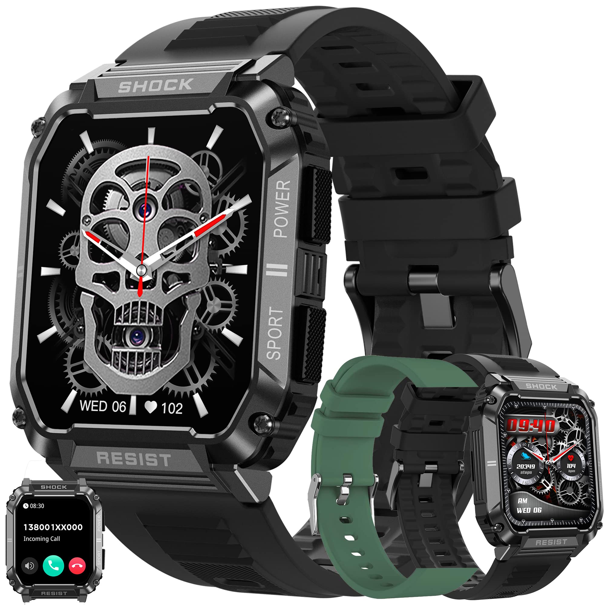 Men's Smartwatch with Phone Function, 1.95 Inch Touchscreen 5ATM Waterproof 123 Sports Modes Activity Tracker Sports Watch with Pedometer, Heart Rate, Military Fitness Watch for iOS Android (Black)