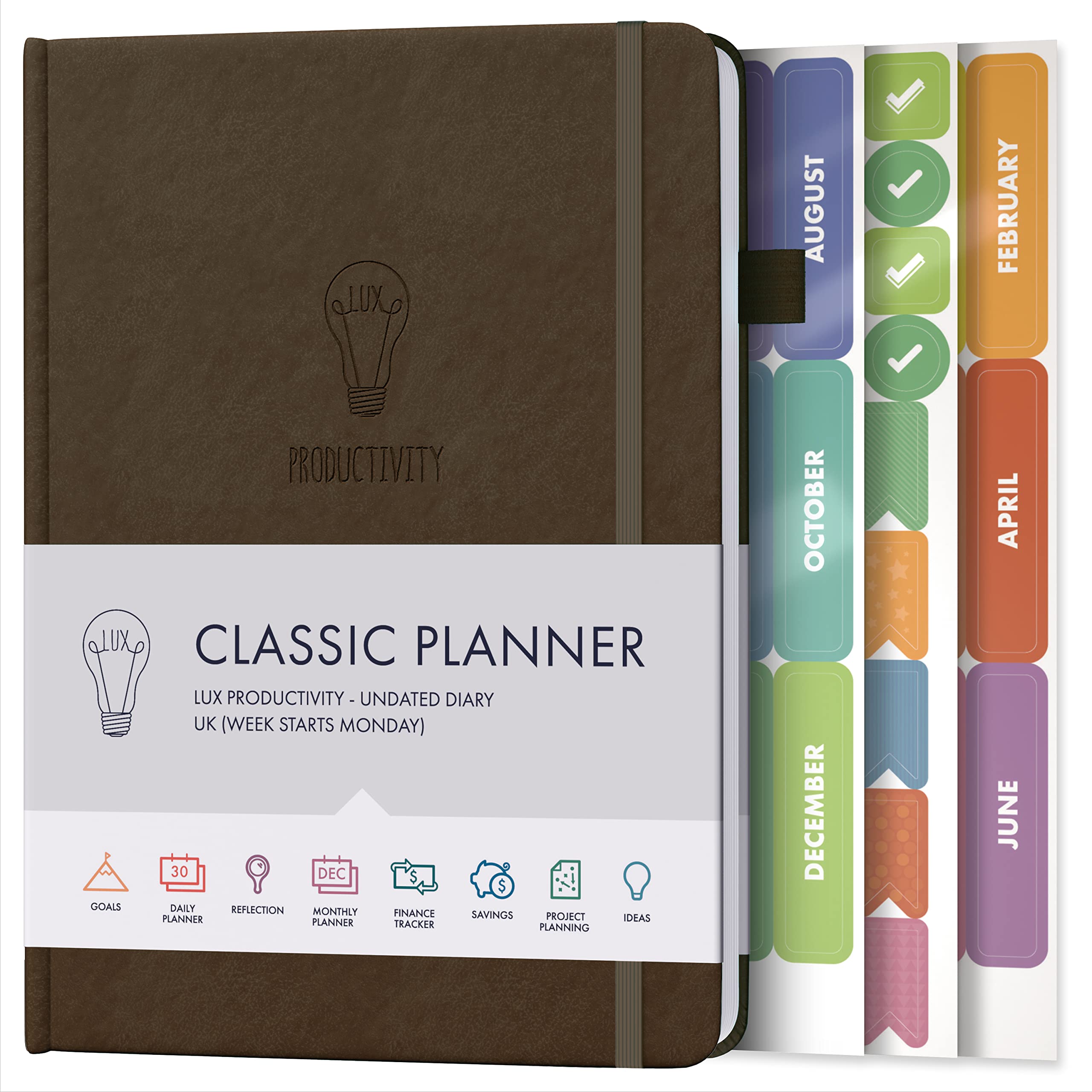 Daily Planner & appointment diary - Gratitude journal, wellness journal & Undated weekly planners and organisers - Desk journals for women & men - LUX Productivity Classic (CHOCOLATE BROWN)