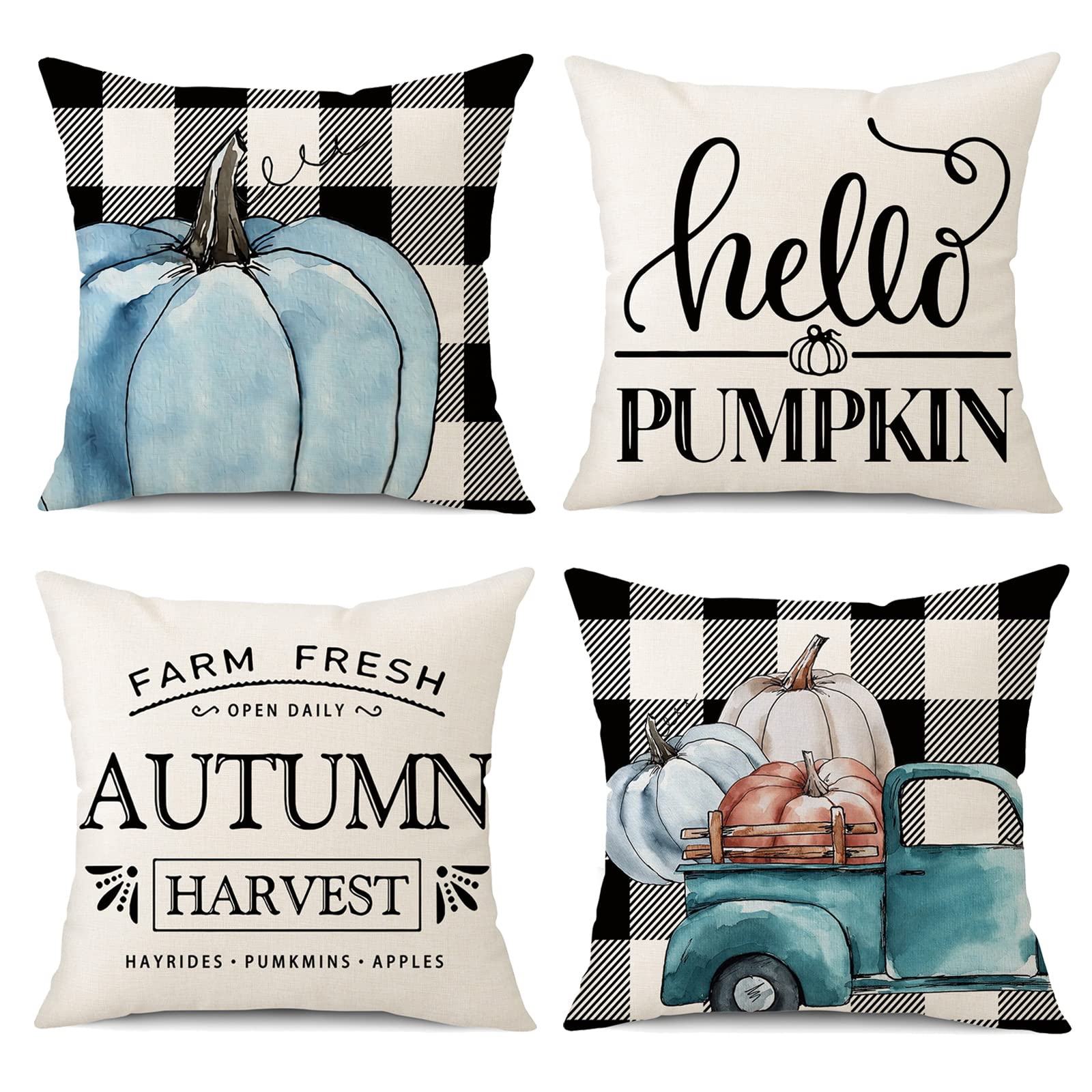OCEUMACO Linen Cushion Covers 45 x 45 cm for Home Sofa Set of 4 Autumn Hello Pumpkin Teal Throw Pillow Cases 18x18 Decorative Fall Thanksgiving Buffalo Checked Cushion Cover - Duck Egg Blue