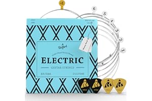 BELFORT® Electric Guitar Strings - strings for e guitar (nickel-plated steel) - guitar strings electric (6 string set) Incl. 4 picks + 1 high E-guitar string (cuerdas de guitarra electrica) 10-46