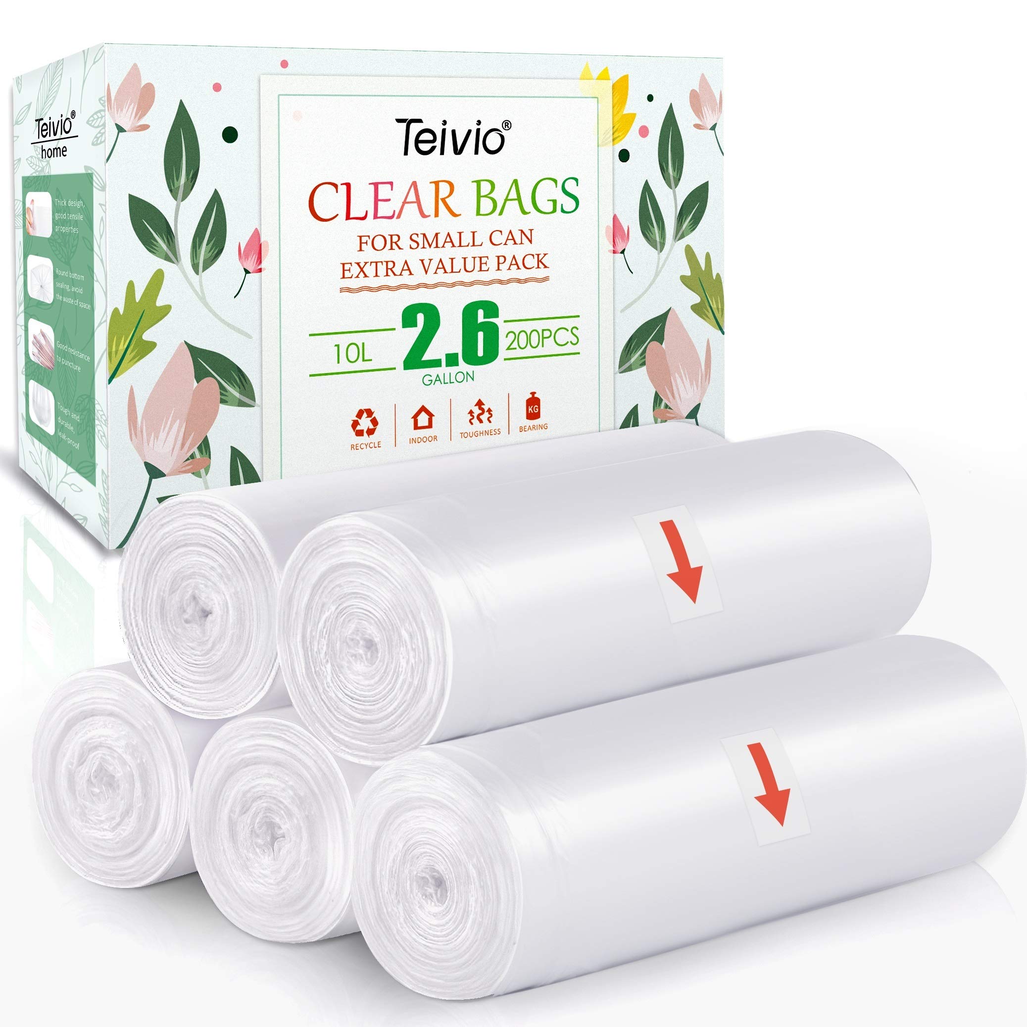 2.6 Gallon 200 Counts Strong Trash Bags Garbage Bags by Teivio, Bin Liners, for home office kitchen, Clear