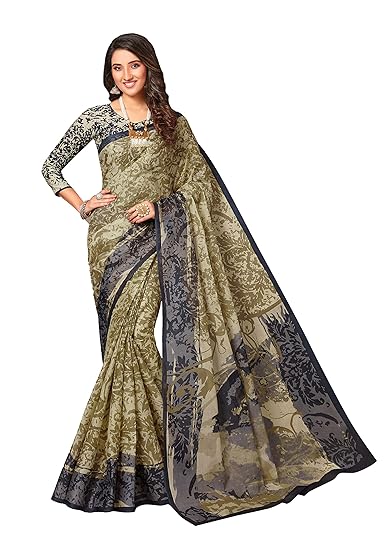Womens Pure Cotton Printed Saree with Blouse Piece (SKR5626_Khaki-Black)