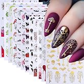 Halloween Stickers for Nails Art 12PCS 3D Self-Adhesive Nail Decals Gold Silver Spiders Bats Ghost Pumpkin Skull Blood Drip Designs Nails Supplies Horror Gothic Nail Stickers DIY Manicure Decoration
