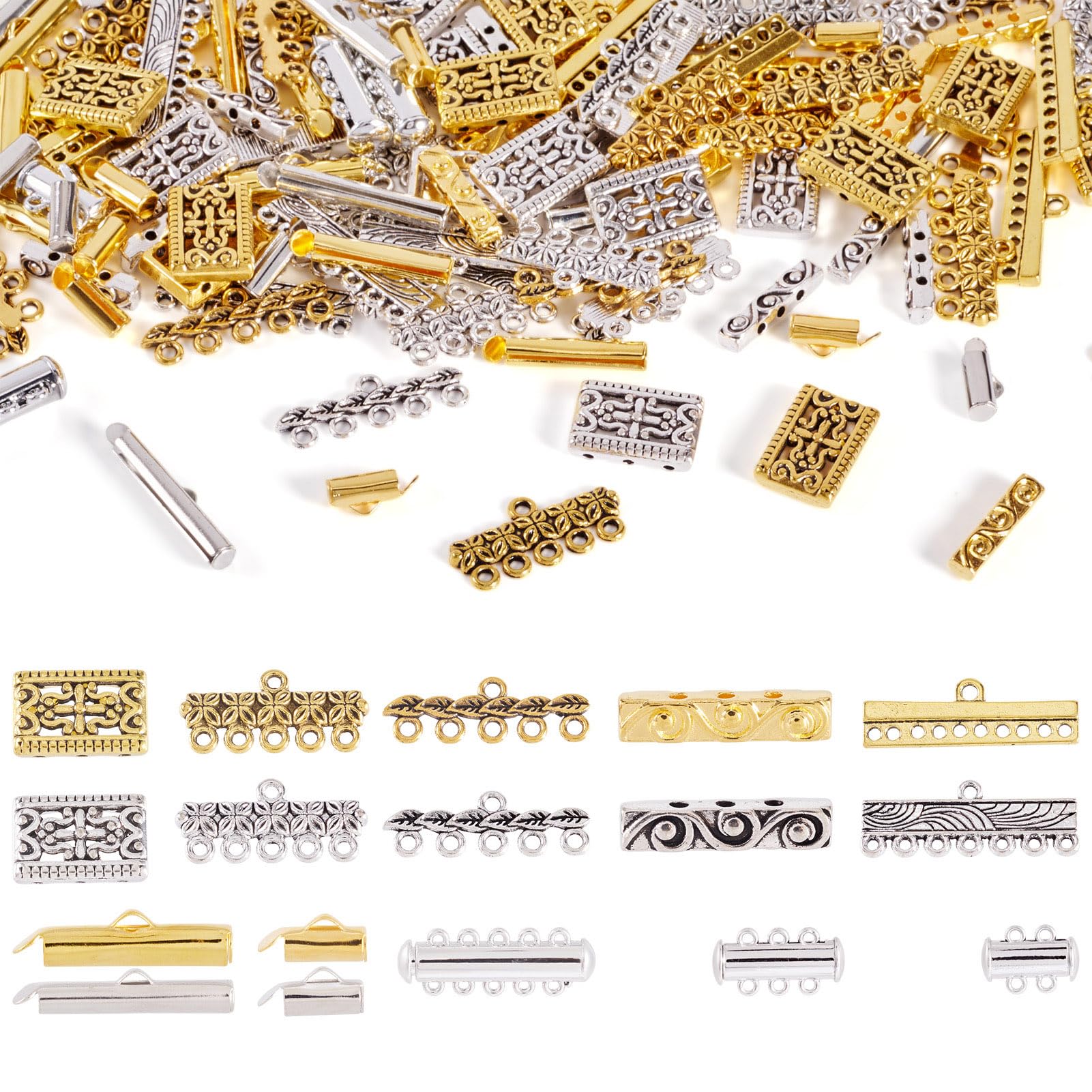 Cheriswelry 48pcs Magnetic Slide Lock Clasp with 60pcs Tibetan Style Multi-Strands Connector Link & 40pcs Rectangle Spacer Bar for Jewellery Making